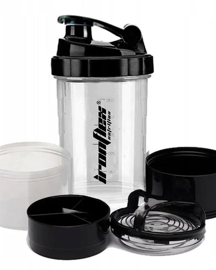 IronFlex Spider sportinis shakeris 500 ml su sieteliu ir papildų talpyklomis