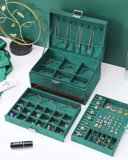 Elegantiškas talpus žalias papuošalų dėžutės, papuošalų skrynelės, organizatoriaus dėklas