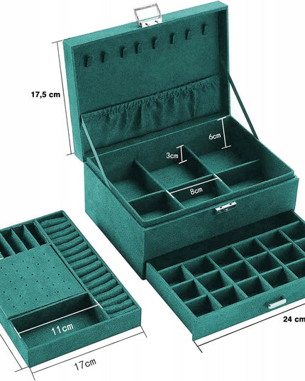 Elegantiškas talpus žalias papuošalų dėžutės, papuošalų skrynelės, organizatoriaus dėklas