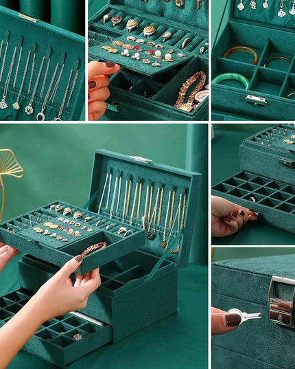 Elegantiškas talpus žalias papuošalų dėžutės, papuošalų skrynelės, organizatoriaus dėklas