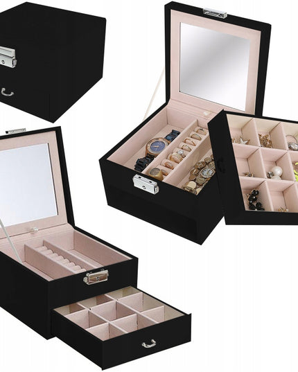 Talpi, elegantiška papuošalų dėžutė – skrynelė su veidrodėliu ir organizatoriumi.