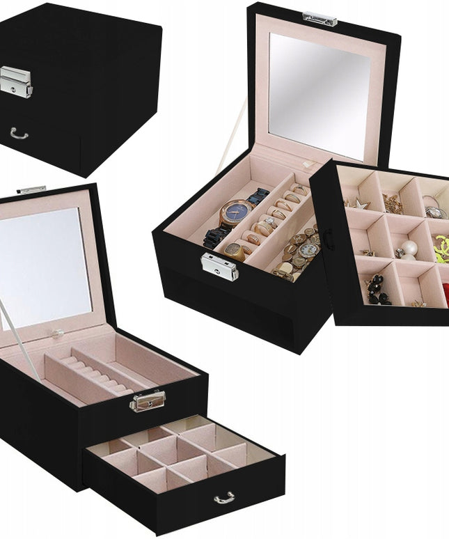 Talpi, elegantiška papuošalų dėžutė – skrynelė su veidrodėliu ir organizatoriumi.