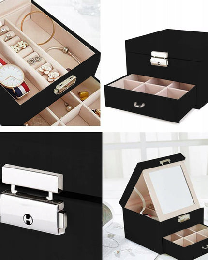 Talpi, elegantiška papuošalų dėžutė – skrynelė su veidrodėliu ir organizatoriumi.
