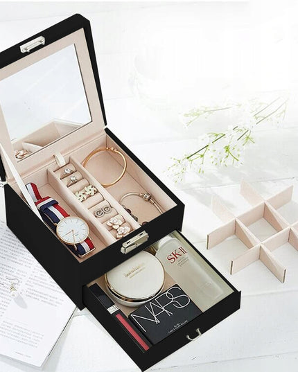 Talpi, elegantiška papuošalų dėžutė – skrynelė su veidrodėliu ir organizatoriumi.