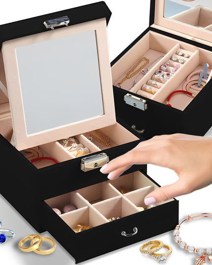 Talpi, elegantiška papuošalų dėžutė – skrynelė su veidrodėliu ir organizatoriumi.