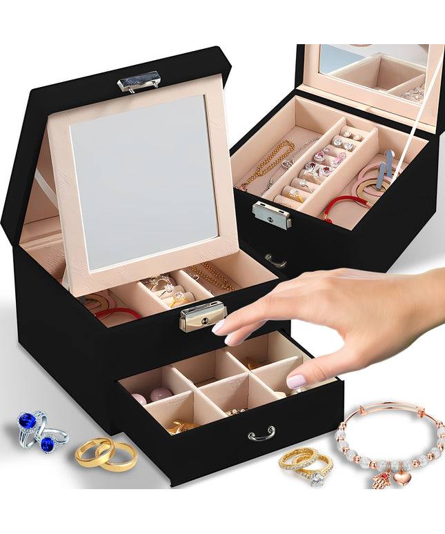 Talpi, elegantiška papuošalų dėžutė – skrynelė su veidrodėliu ir organizatoriumi.