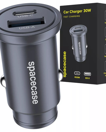 GREITAS AUTOMOBILINIS ĮKROVIKLIS MINI USB USB-C TIPO C PD QC 3.0 ALIUMINIS 30W