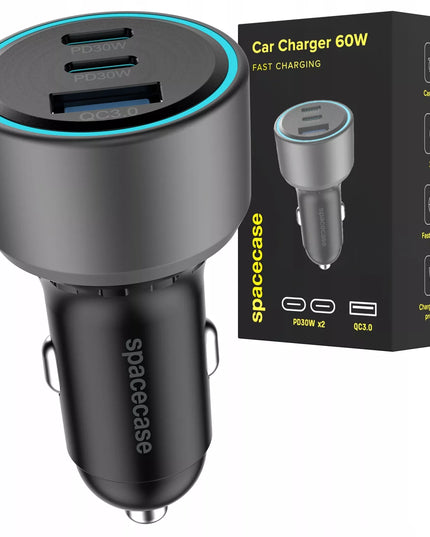 SPARTUSIS AUTOMOBILINIS ĮKROVIKLIS USB 2X USB-C TYPE-C PD QC 3.0 PPS 12V / 24V 60W Spacecase