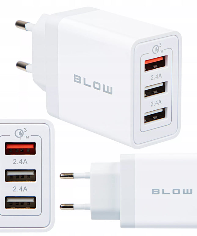 Spartusis sieninis įkroviklis 3xUSB Quick Charge QC 30W + USB-C laidas 1m baltas