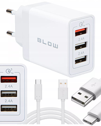 Spartusis sieninis įkroviklis 3xUSB Quick Charge QC 30W + USB-C laidas 1m baltas