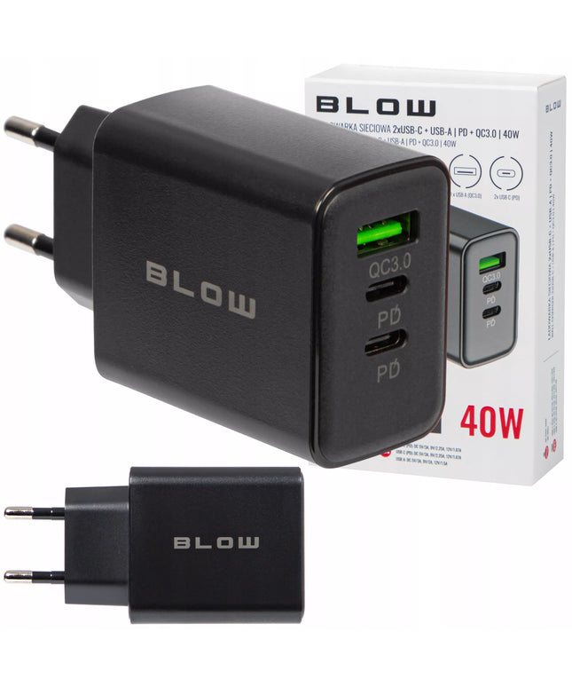 Greitas tinklo įkroviklis, USB lizdas + 2x USB-C QC PD 40W, Universalus