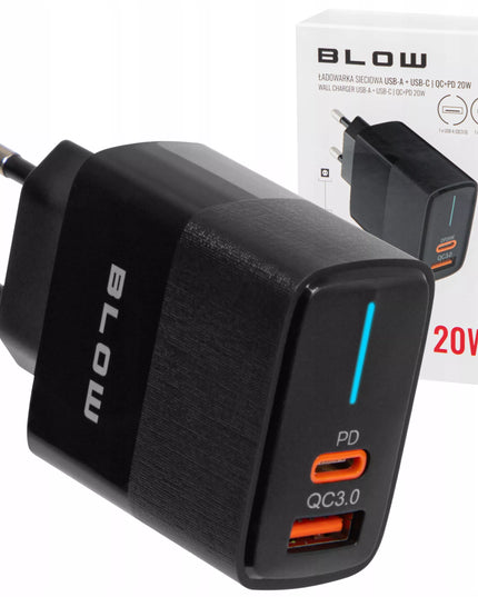 Spartusis sieninis įkroviklis BLOW, USB + USB-C jungtys, QC+PD 20W, su USB-C 2.0 1m kabeliu, juodas