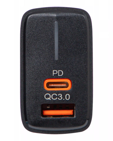 Spartusis sieninis įkroviklis BLOW, USB + USB-C jungtys, QC+PD 20W, su USB-C 2.0 1m kabeliu, juodas