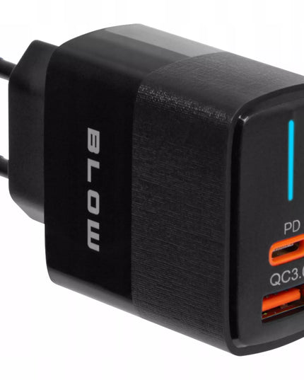 Spartusis sieninis įkroviklis BLOW, USB + USB-C jungtys, QC+PD 20W, su USB-C 2.0 1m kabeliu, juodas