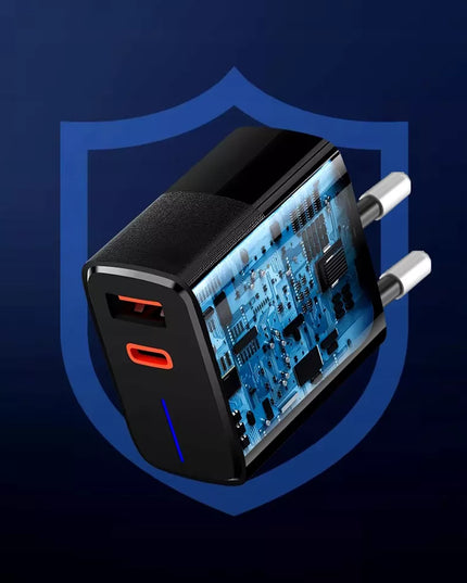 Spartusis sieninis įkroviklis BLOW, USB + USB-C jungtys, QC+PD 20W, su USB-C 2.0 1m kabeliu, juodas