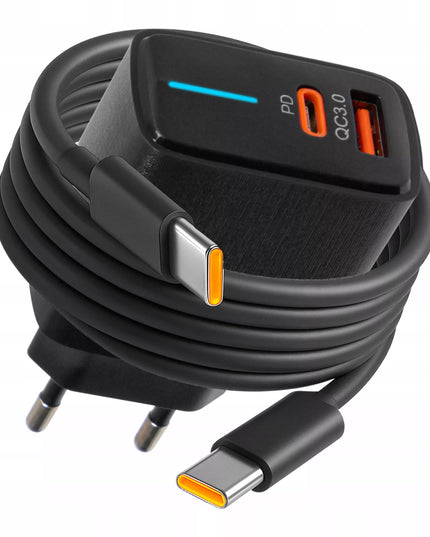 Spartusis sieninis įkroviklis BLOW, USB + USB-C jungtys, QC+PD 20W, su USB-C 2.0 1m kabeliu, juodas