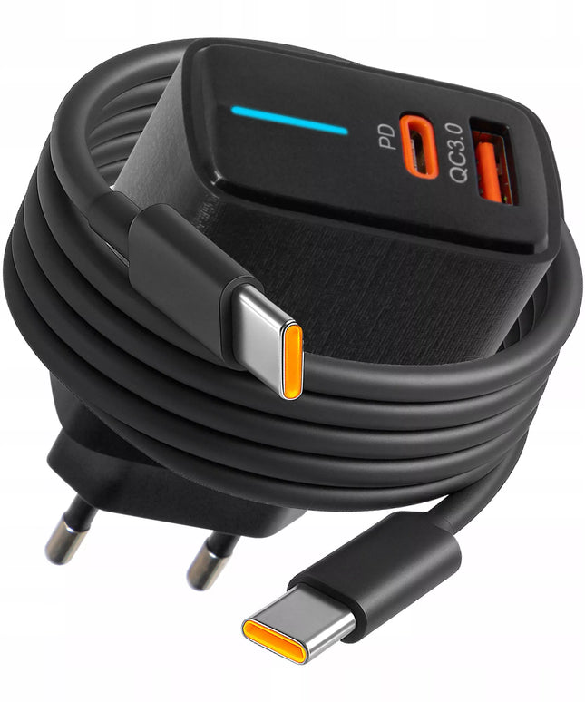 Spartusis sieninis įkroviklis BLOW, USB + USB-C jungtys, QC+PD 20W, su USB-C 2.0 1m kabeliu, juodas