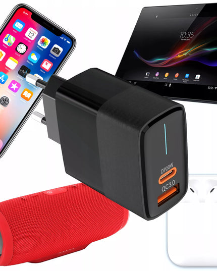 Spartusis sieninis įkroviklis BLOW, USB + USB-C jungtys, QC+PD 20W, su USB-C 2.0 1m kabeliu, juodas
