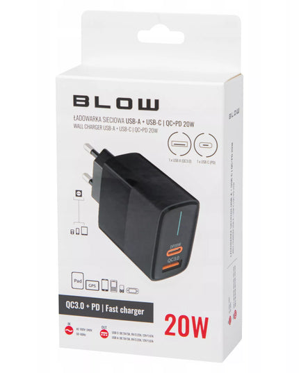 Spartusis sieninis įkroviklis BLOW, USB + USB-C jungtys, QC+PD 20W, su USB-C 2.0 1m kabeliu, juodas