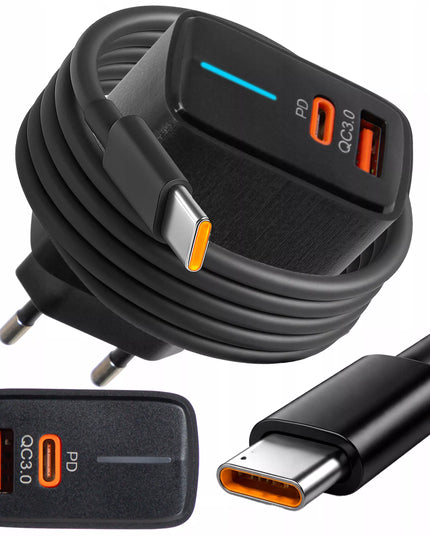 Spartusis sieninis įkroviklis BLOW, USB + USB-C jungtys, QC+PD 20W, su USB-C 2.0 1m kabeliu, juodas