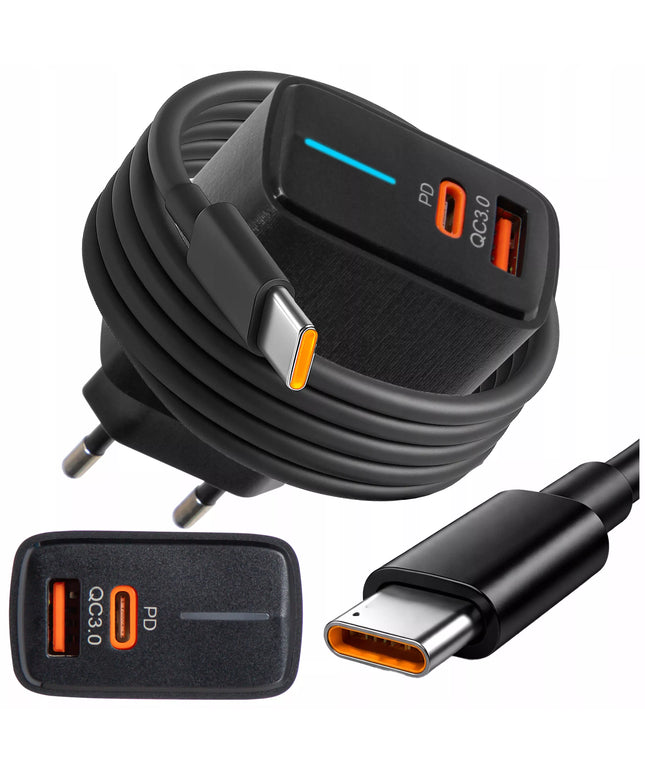 Spartusis sieninis įkroviklis BLOW, USB + USB-C jungtys, QC+PD 20W, su USB-C 2.0 1m kabeliu, juodas