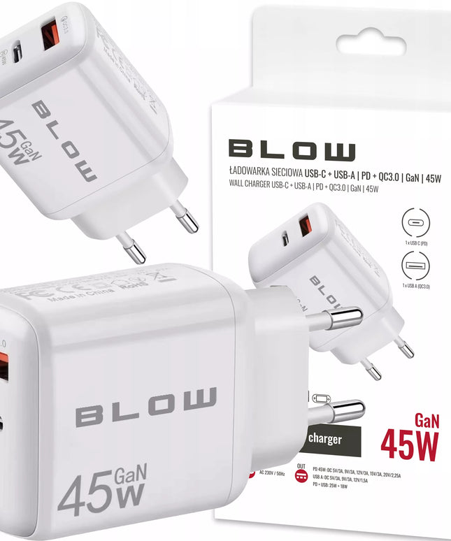 Greitas tinklo įkroviklis BLOW USB USB-C PD QC 3.0 45W GaN