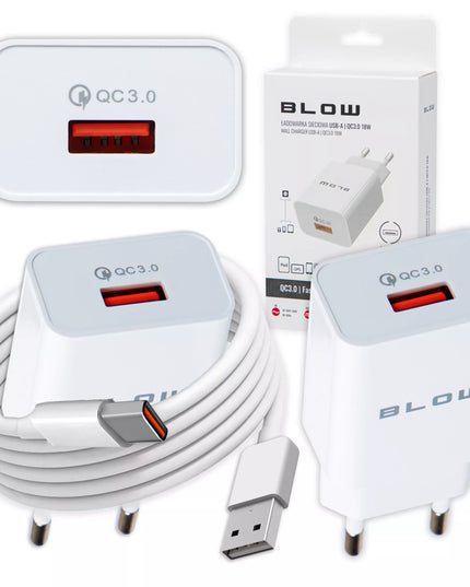 Spartusis sieninis įkroviklis BLOW USB QC 3.0 18W Quick Charge su USB-C kabeliu