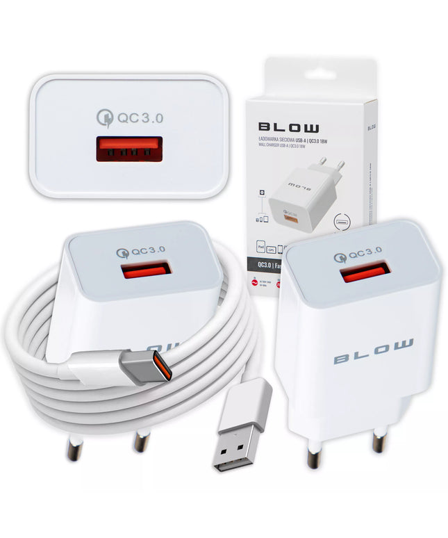 Spartusis sieninis įkroviklis BLOW USB QC 3.0 18W Quick Charge su USB-C kabeliu