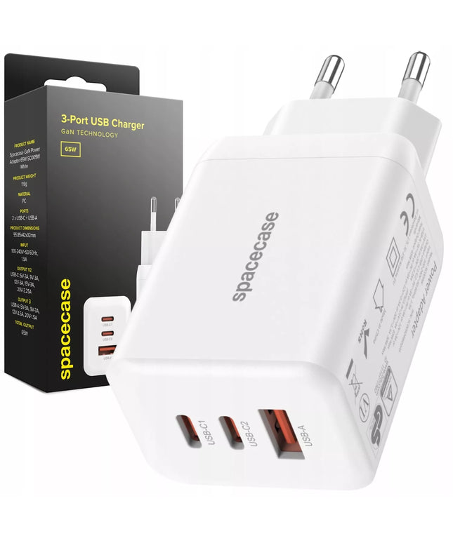 Spartusis Spacecase GaN 65W įkroviklis, 2x USB-C ir USB-A jungtys, skirtas telefonui, QC 3.0 PD PPS