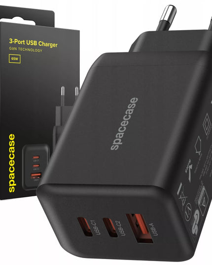 Spartusis įkroviklis SPACECASE GaN 65W 2x USB-C USB-A telefonui QC 3.0 PD PPS