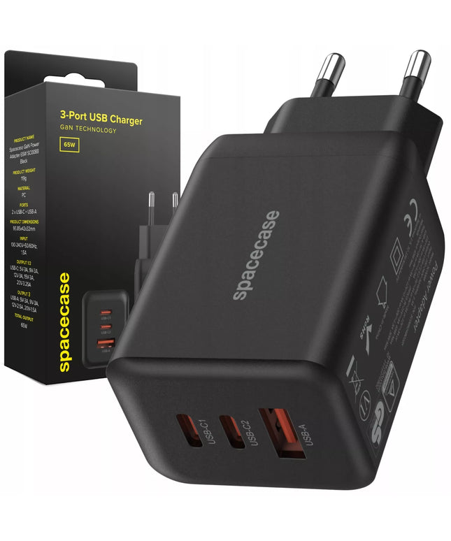 Spartusis įkroviklis SPACECASE GaN 65W 2x USB-C USB-A telefonui QC 3.0 PD PPS