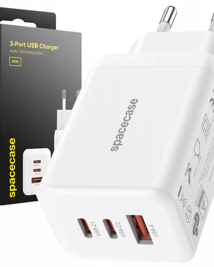 Spartusis Spacecase GaN 65W įkroviklis, 2x USB-C ir USB-A jungtys, skirtas telefonui, QC 3.0 PD PPS