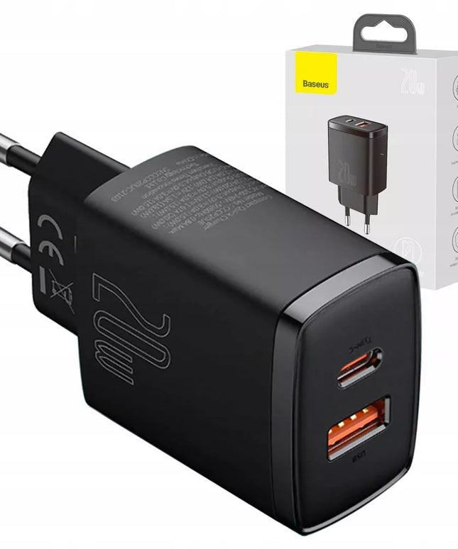 Spartusis sieninis įkroviklis BASEUS 20W 3A USB-C USB QC PD, galingas telefono įkroviklis