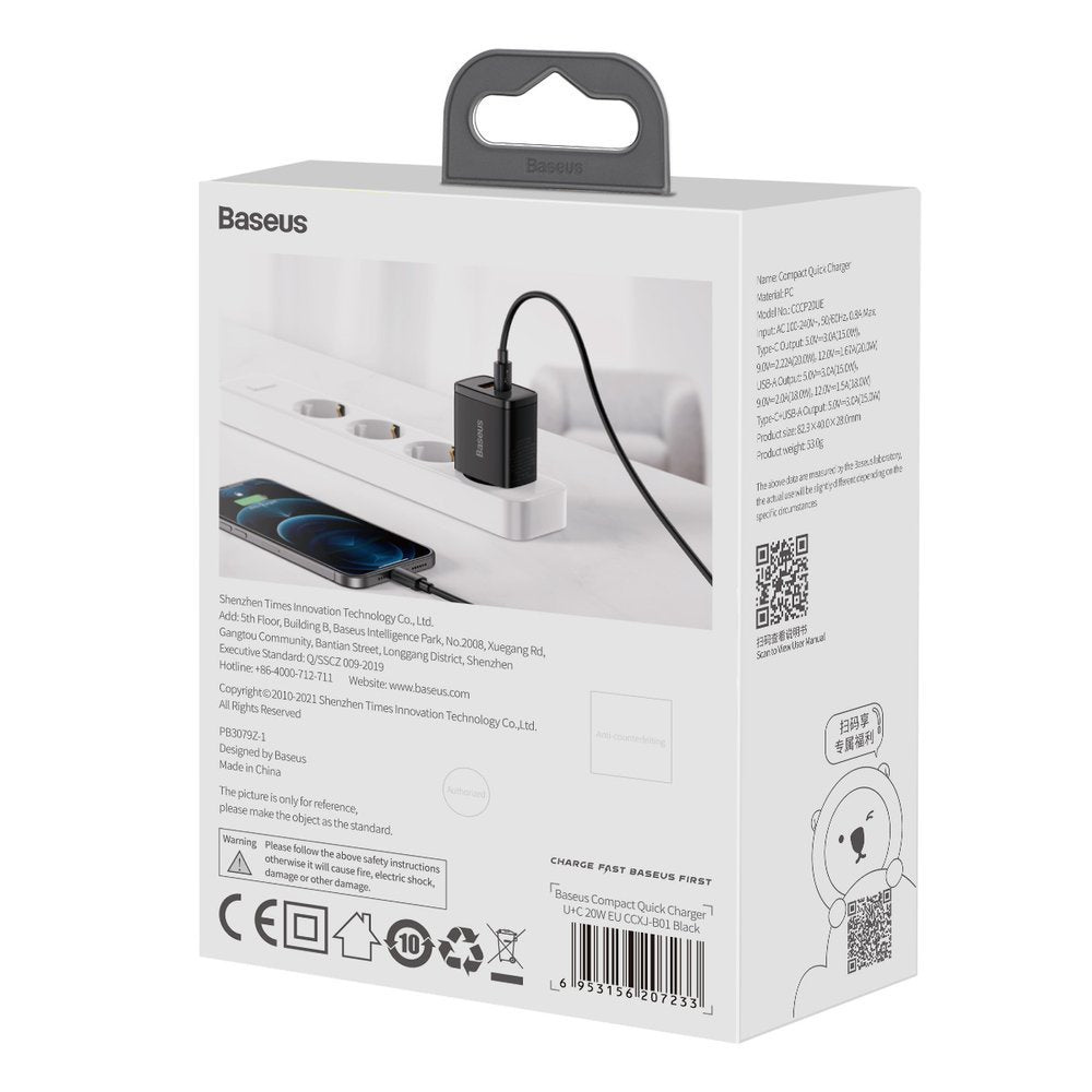 Galingas BASEUS 20W 3A USB-C tinklo įkroviklis, greitas QC PD telefonui