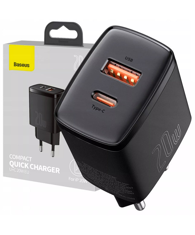 Spartusis sieninis įkroviklis BASEUS 20W 3A USB-C USB QC PD, galingas telefono įkroviklis