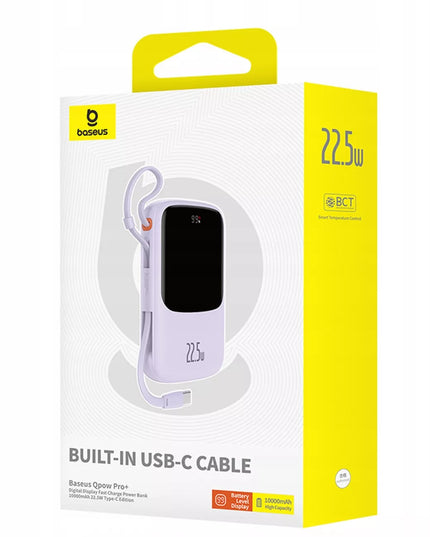 Greitas „Baseus“ išorinis akumuliatorius 10000 mAh 22.5W USB-C USB-A su įmontuotu USB-C kabeliu
