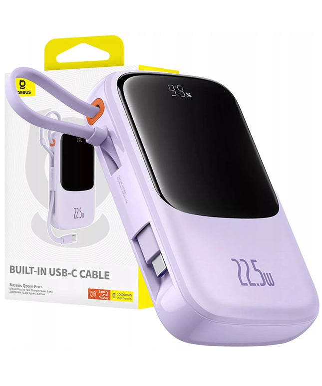 Greitas „Baseus“ išorinis akumuliatorius 10000 mAh 22.5W USB-C USB-A su įmontuotu USB-C kabeliu