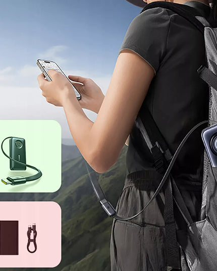 Greitas 20000 mAh 67 W „Baseus“ išorinis akumuliatorius su įtraukiamu USB-C laidu