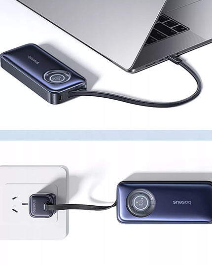 Greitas 20000 mAh 67 W „Baseus“ išorinis akumuliatorius su įtraukiamu USB-C laidu