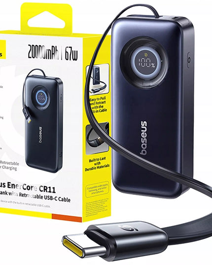 Greitas 20000 mAh 67 W „Baseus“ išorinis akumuliatorius su įtraukiamu USB-C laidu