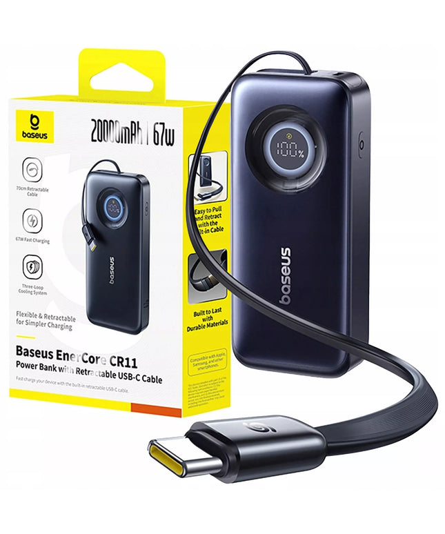 Greitas 20000 mAh 67 W „Baseus“ išorinis akumuliatorius su įtraukiamu USB-C laidu