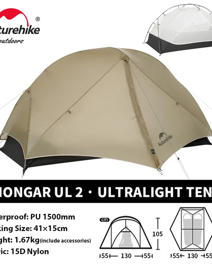 Naturehike Mongar Pro UL kempingo palapinė 20D nailoninė, skirta 1-3 asmenims, turistinė, žygių, atspari lietui, apsauga nuo saulės
