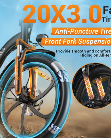 Sulankstomas elektrinis dviratis HillMiles MilePort, 250W variklis, 36V 13Ah, 25km/h, 20"x3.0" plačios padangos, priekinė pakaba, 7 pavaros, 100km nuotolis