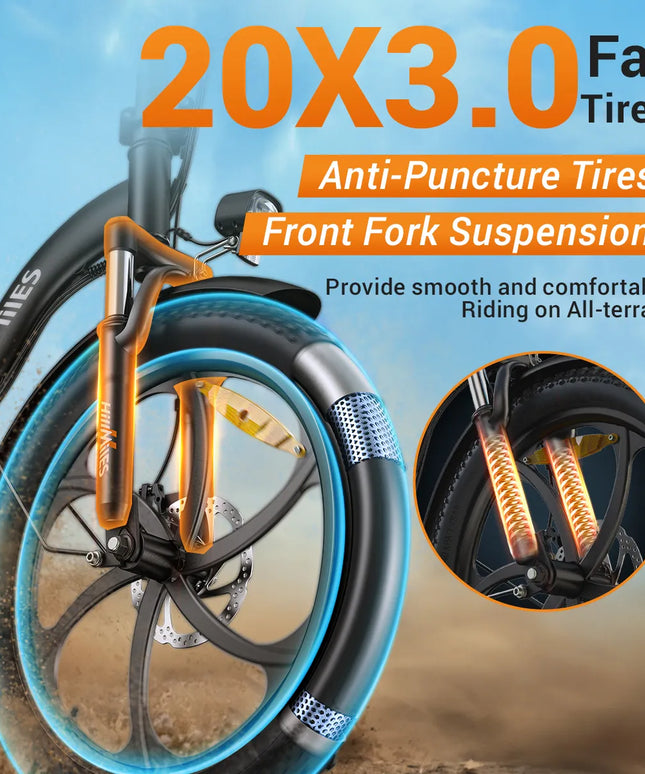 Sulankstomas elektrinis dviratis HillMiles MilePort, 250W variklis, 36V 13Ah, 25km/h, 20"x3.0" plačios padangos, priekinė pakaba, 7 pavaros, 100km nuotolis
