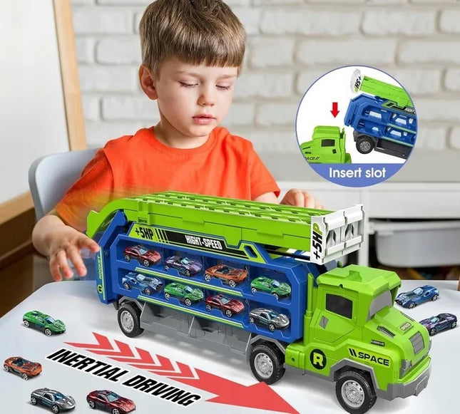 Didelis Kinderini vilkikas-autovežė su automobiliukų paleidimo įtaisu ir trasa, 6 automobiliukai