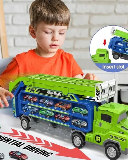 Didelis Kinderini vilkikas-autovežė su automobiliukų paleidimo įtaisu ir trasa, 6 automobiliukai