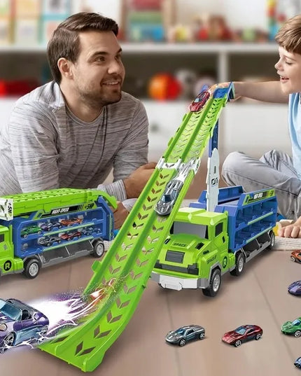 Didelis Kinderini vilkikas-autovežė su automobiliukų paleidimo įtaisu ir trasa, 6 automobiliukai
