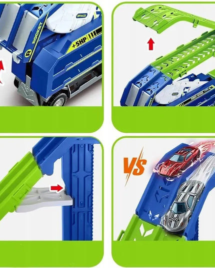 Didelis Kinderini vilkikas-autovežė su automobiliukų paleidimo įtaisu ir trasa, 6 automobiliukai