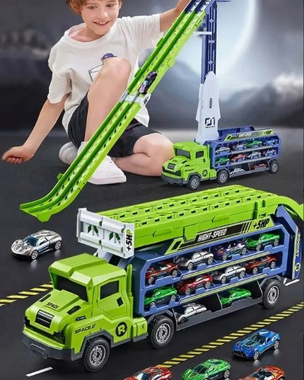 Didelis Kinderini vilkikas-autovežė su automobiliukų paleidimo įtaisu ir trasa, 6 automobiliukai