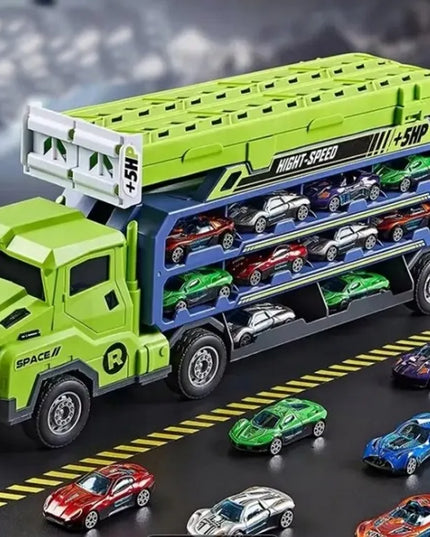 Didelis Kinderini vilkikas-autovežė su automobiliukų paleidimo įtaisu ir trasa, 6 automobiliukai